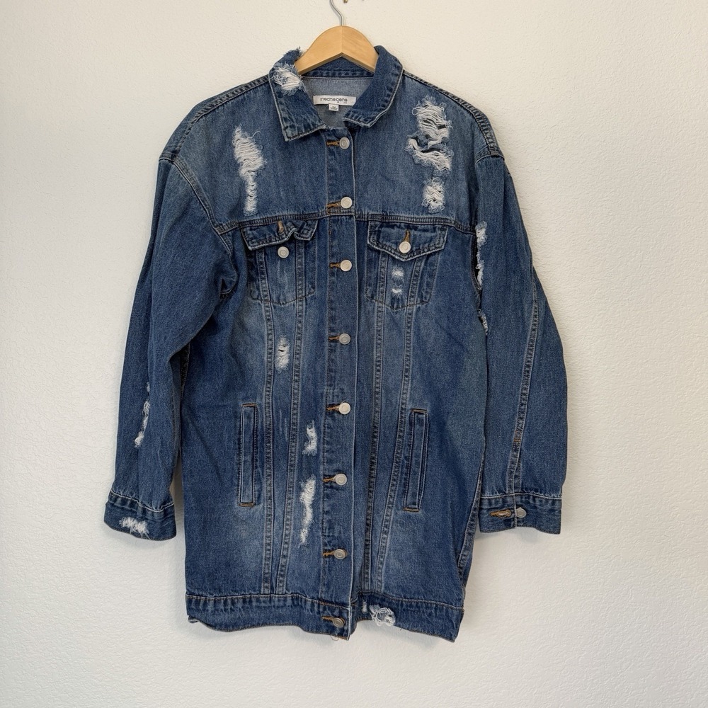 Insane Gene Womens Medium Distressed Denim Jean Jacket Oversized Boyfriend Blue